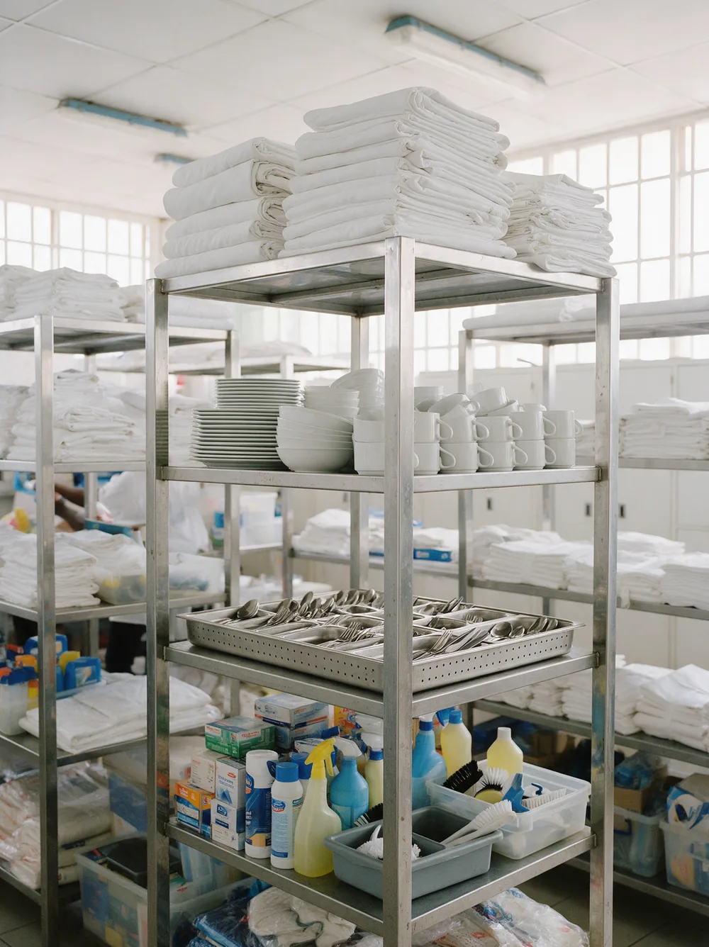Folded linen and stacked crockery on stainless steel shelving.