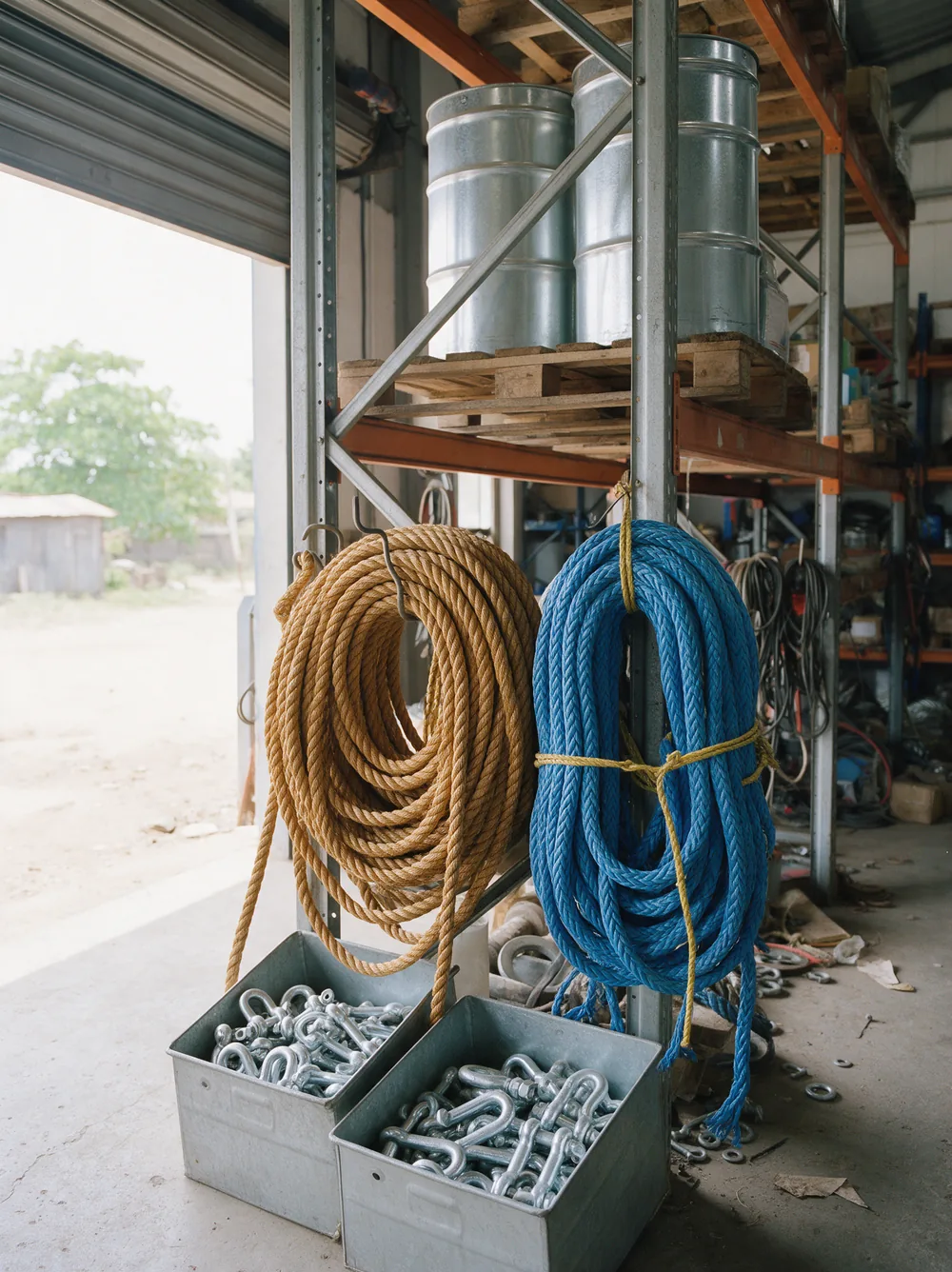 Coiled mooring rope, shackles and drums of marine paint on racking.