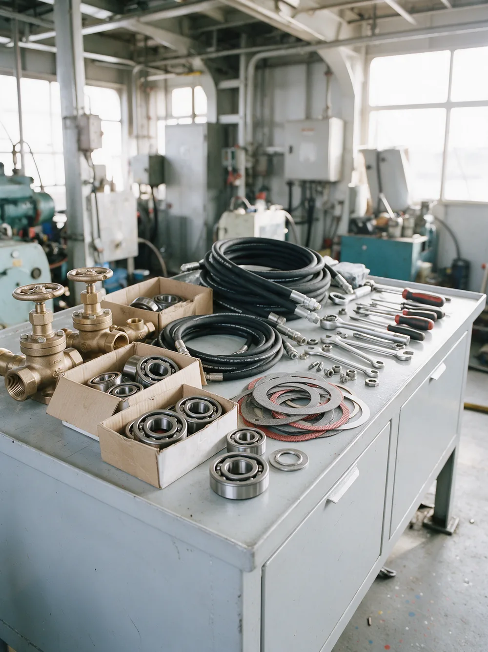Bronze valves, bearings and hydraulic hoses laid out on a workbench.