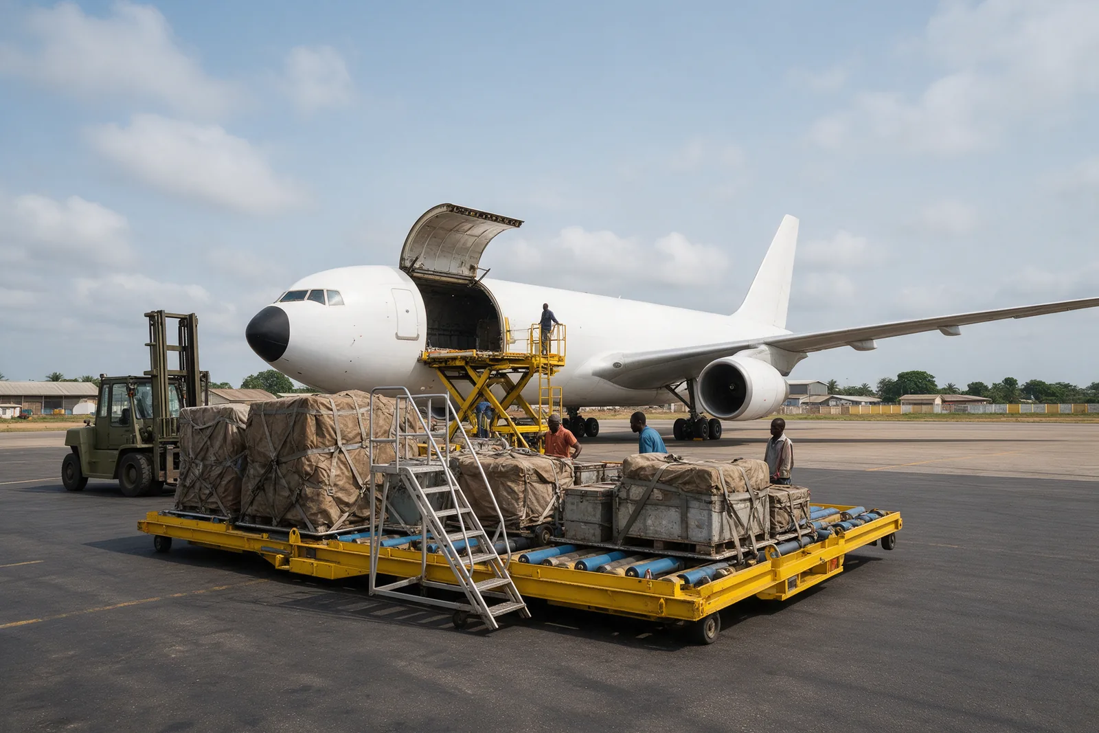 Air cargo pallets beside a freighter aircraft.