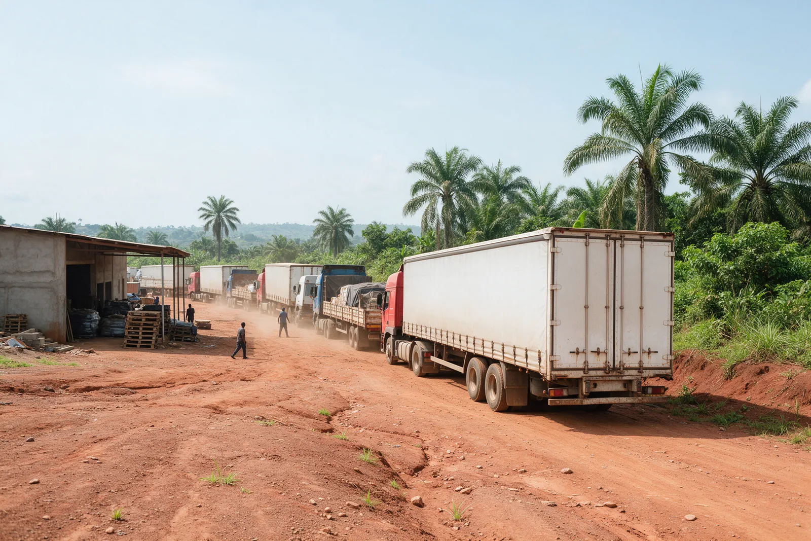 Freight trucks at a logistics yard.