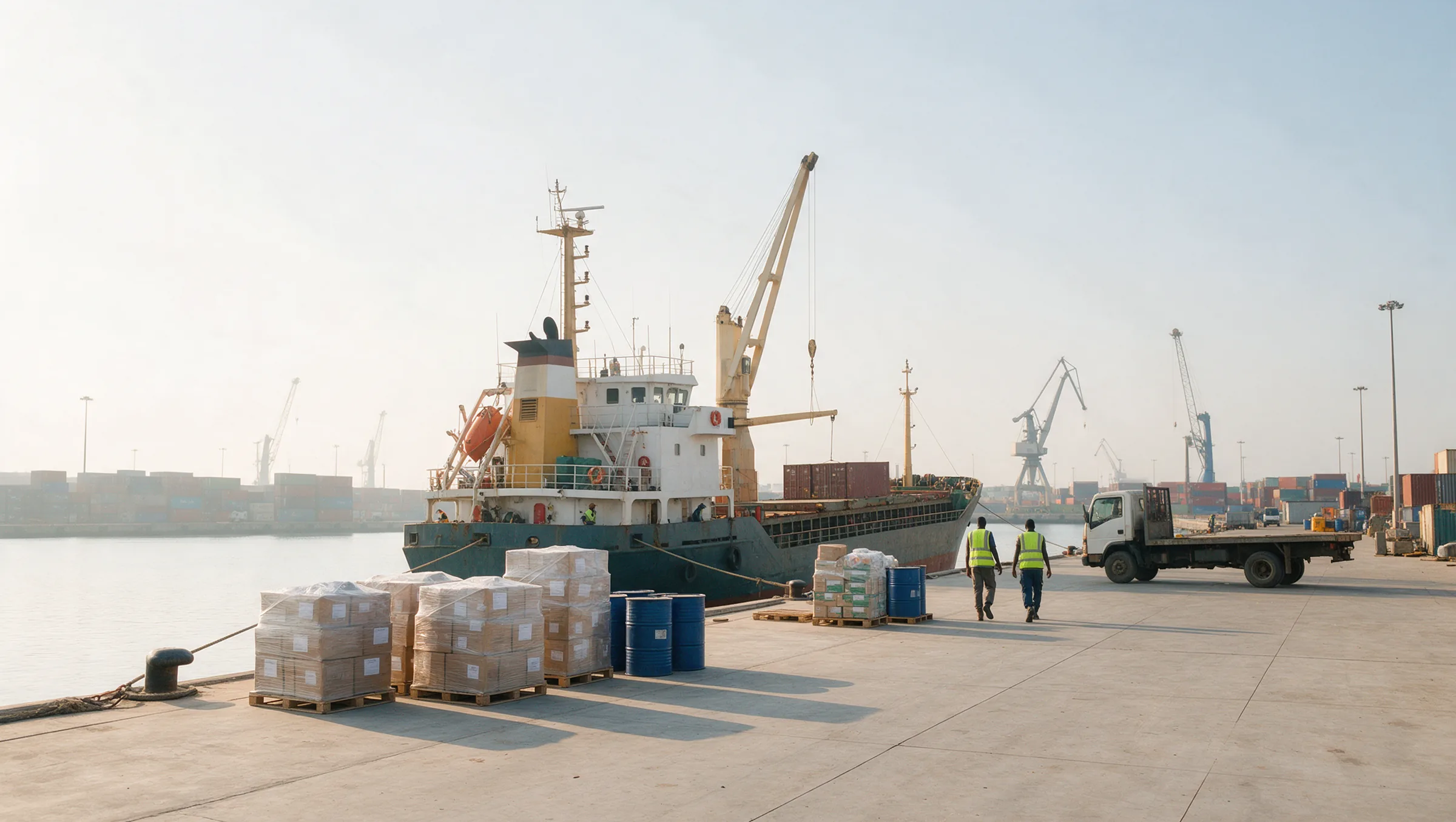 Pallets of stores on the quay beside a moored cargo vessel.