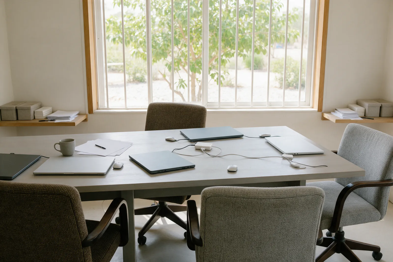 A bright meeting room with daylight through large windows.