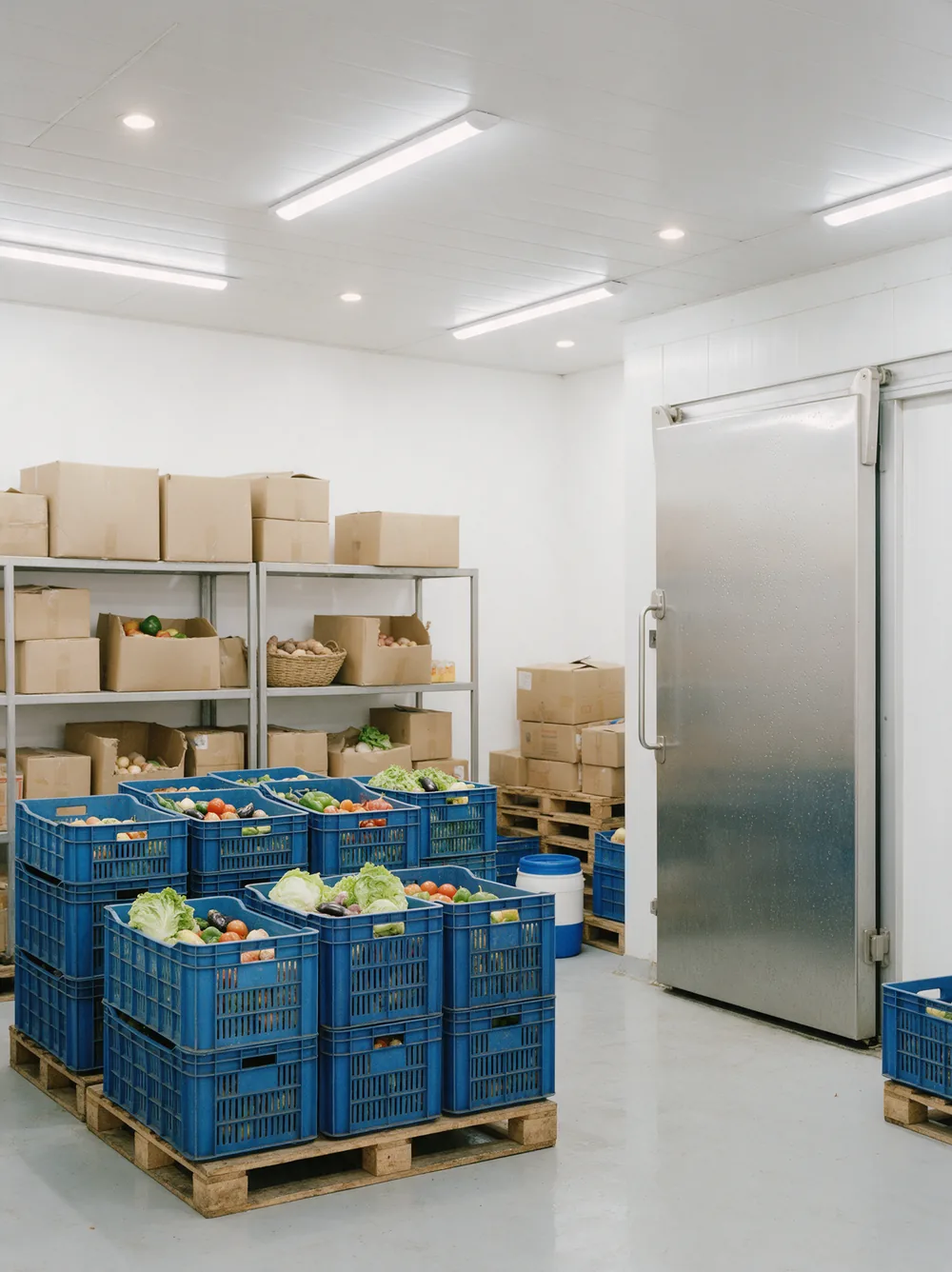 Crates of produce and sealed cartons in a chilled store room.