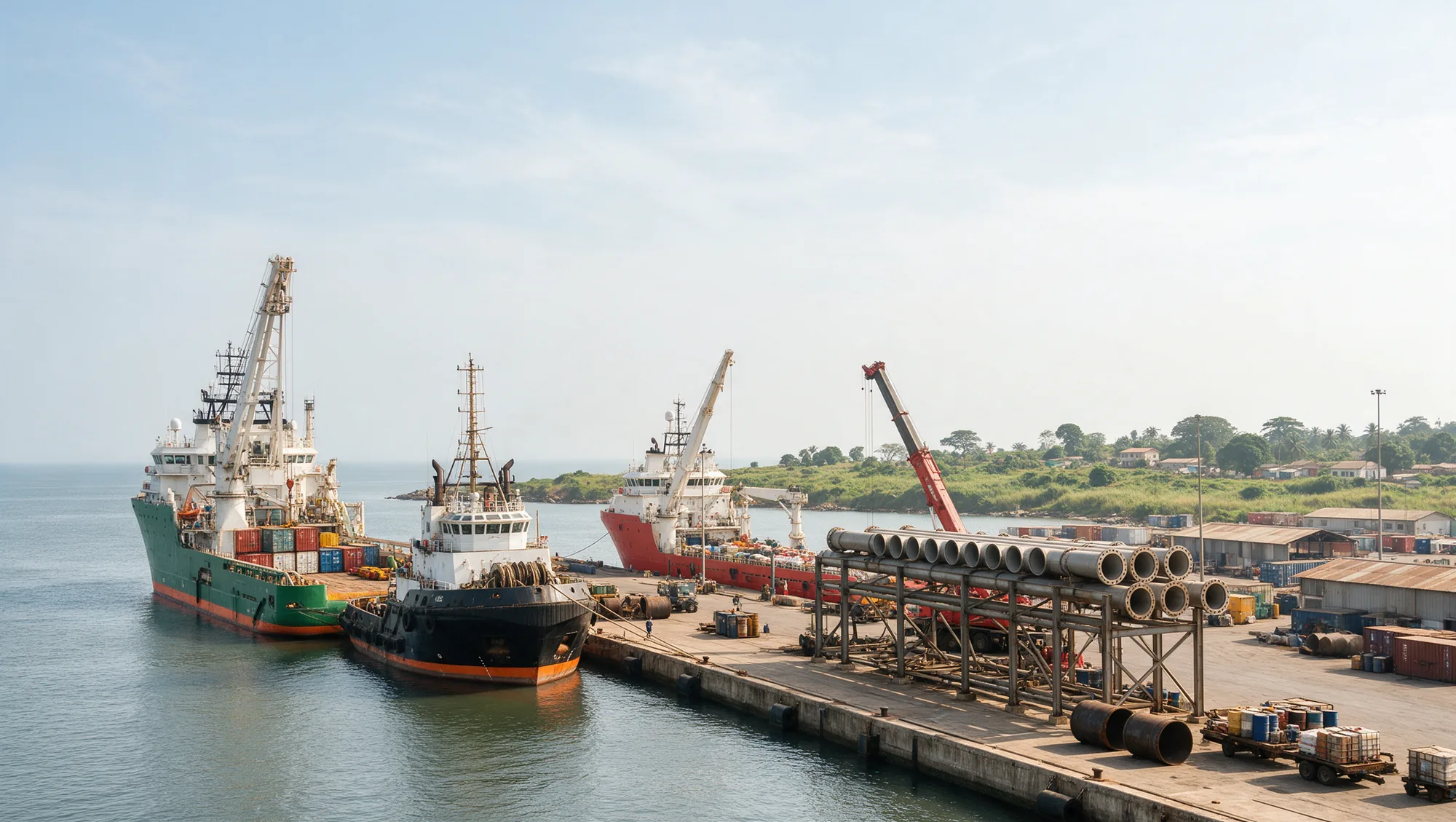 Platform supply vessels moored at a quay serving offshore oil and gas.