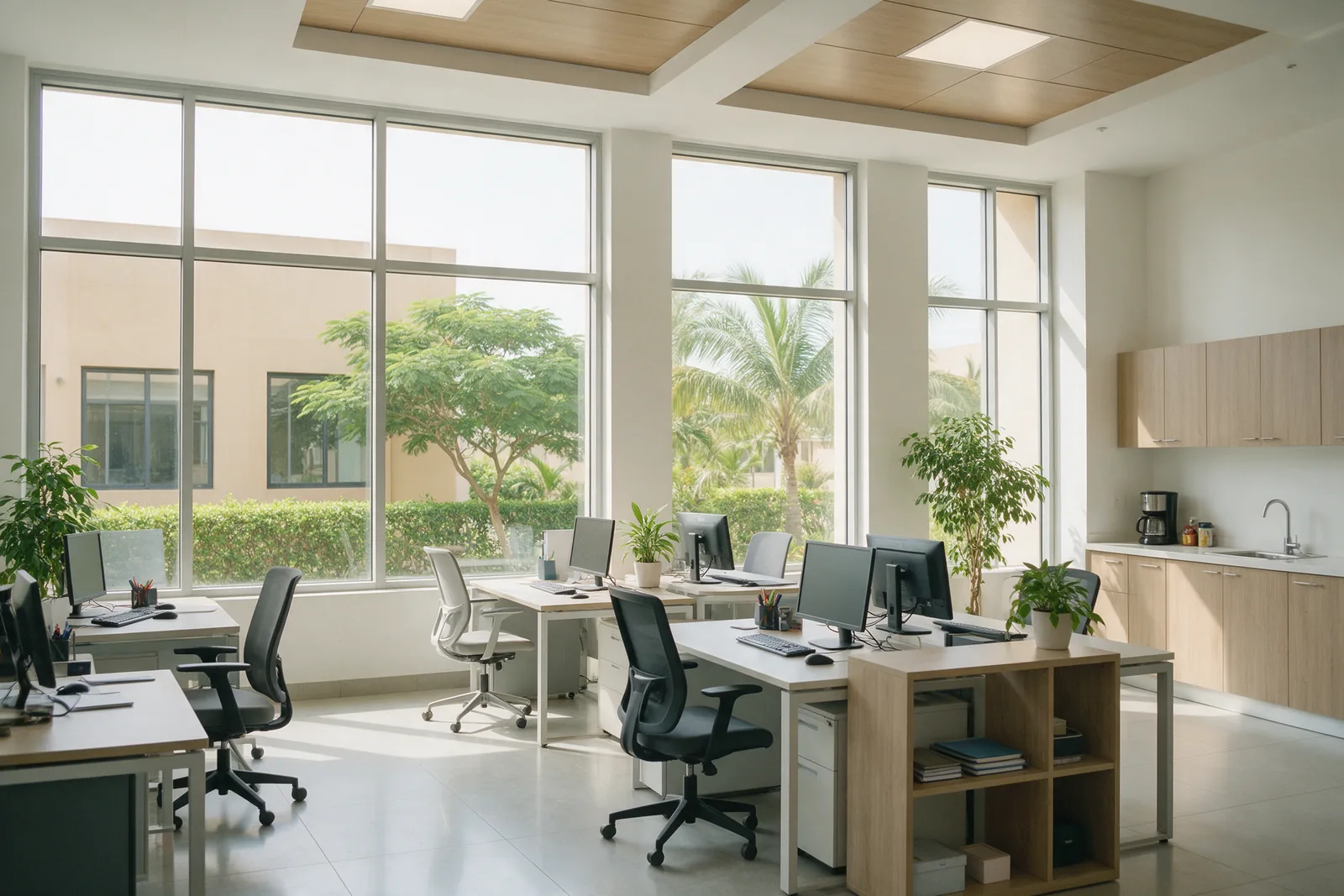 A bright open plan office interior.