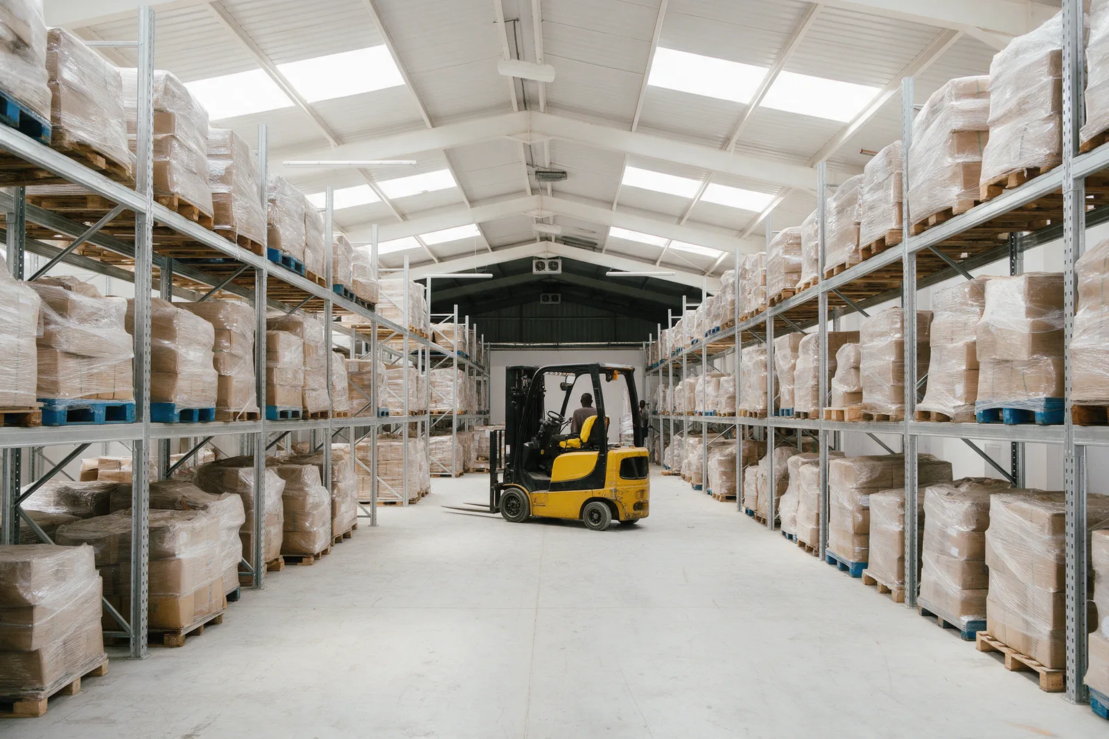 The interior of a distribution warehouse with loaded pallet racking.